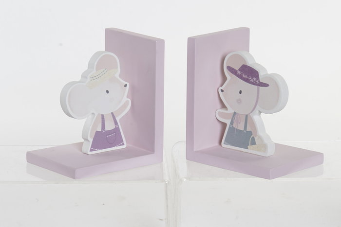 DKD Home Decor Sujetalibros infantil ratón MDF Rosa y Azul 9.5 x 14.5 x 12.5 cm (2 Unidades)