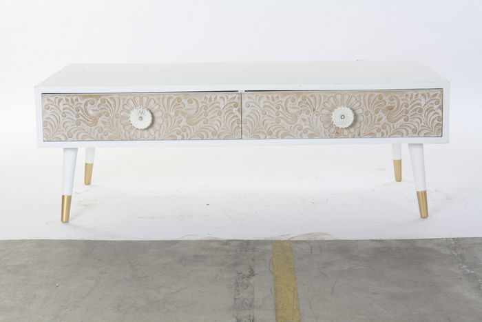 DKD Home Decor Mesa Centro Indio Madera Clara Blanca 120x65x42 cm 4 Cajones Mandala