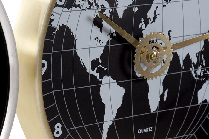 DKD Home Decor Reloj de Pared Mapamundi Dorado y Plateado 4.3 x 30 x 30 cm (2 Unidades) Aluminio y Cristal