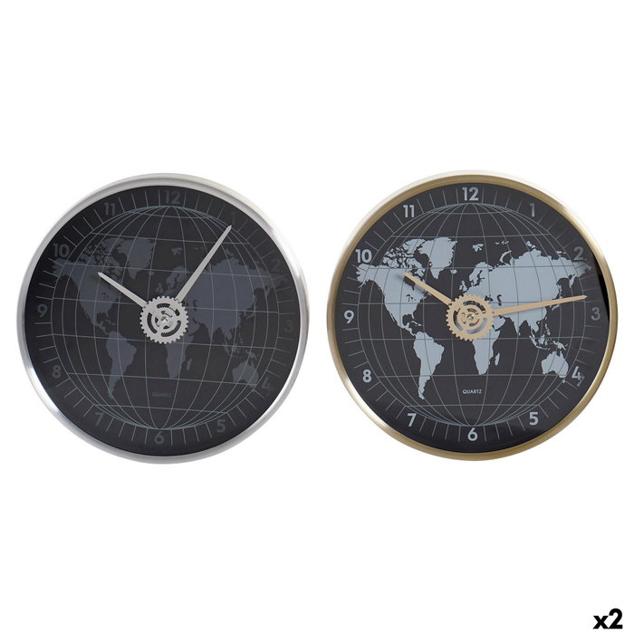 DKD Home Decor Reloj de Pared Mapamundi de Aluminio, Pack de 2, Colores Dorado, Plateado y Negro de 30x30 cm