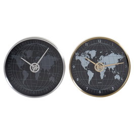 DKD Home Decor Reloj de Pared Mapamundi de Aluminio, Pack de 2, Colores Dorado, Plateado y Negro de 30x30 cm