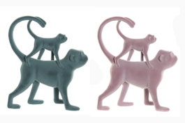 DKD Home Decor Set de 2 Figuras de Monos con Acabado Flocado Verde y Rosa