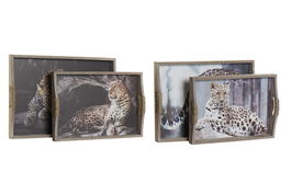 DKD Home Decor Bandeja Colonial Multicolor MDF Leopardo 30 x 6.5 x 40.5 cm Set de 2