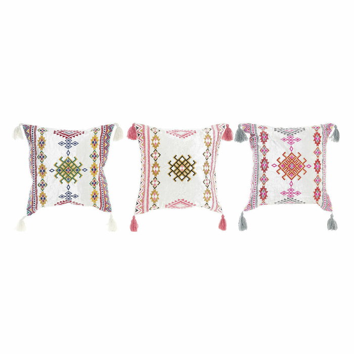 DKD Home Decor Cojín de Algodón con Flecos, Multicolor, Pack de 3