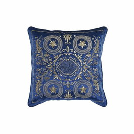 DKD Home Decor Cojín de Terciopelo Azul y Dorado con Acabado Bordado