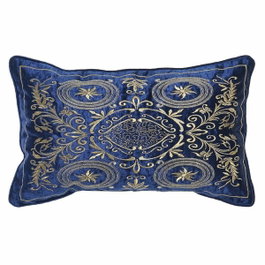 DKD Home Decor Cojín de Terciopelo Azul Marino y Dorado con Acabado Bordado