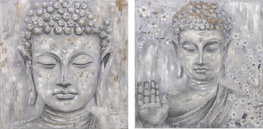 DKD Home Decor Set de 2 Cuadros de Lienzo Buda en Pino, 100x100 cm, Gris y Plateado