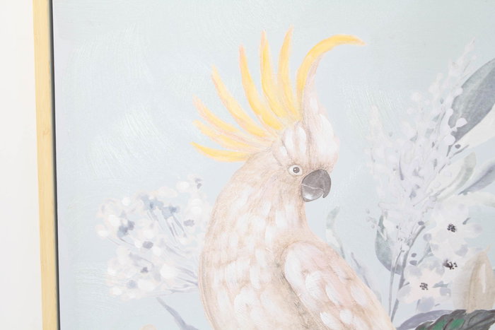 DKD Home Decor Cuadro Tropical Flores Cacatúa Azul Blanco Hecho a Mano de Lienzo 80x60x4 cm - Pack 2 Unidades