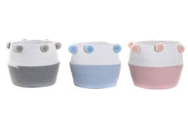 DKD Home Decor Cesta Basicos, Set de 3 Unidades, Azul Celeste, Gris, Rosa Palo, Algodon con Pompon, 30 x 26 x 30 cm