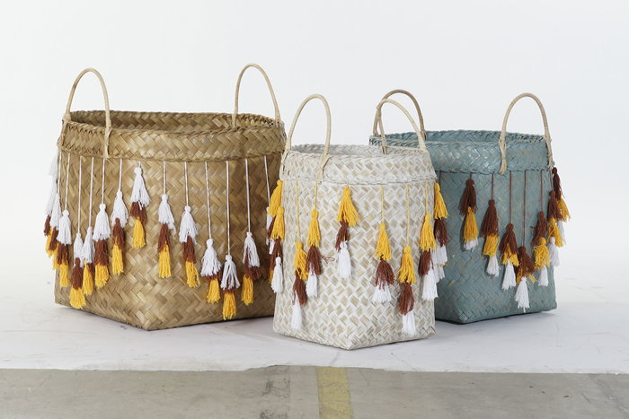 DKD Home Decor Cesta Balines Multicolor Bambú Set de 3 Piezas 46 x 57 x 46 cm con Flecos