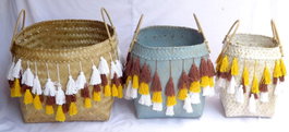 DKD Home Decor Set de 3 Cestas de Bambú con Flecos Multicolor
