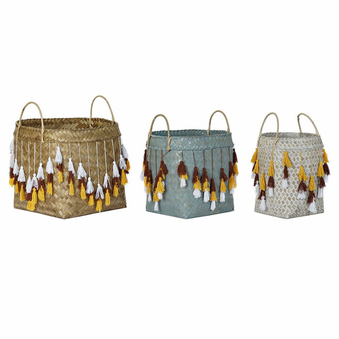 DKD Home Decor Set de 3 Cestas de Bambú con Flecos Multicolor