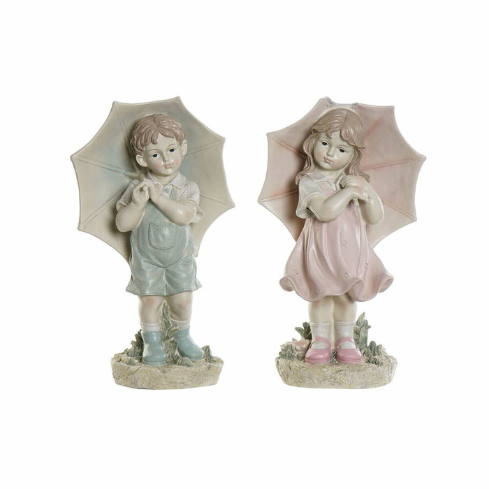 DKD Home Decor Figura de Resina Niño con Paraguas, Pack de 2 Surtido (Rosa y Azul)