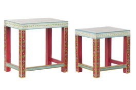 DKD Home Decor Rk 2021 Mesita Auxiliar Indio Natural Multicolor Mango Acrilico Pintado a Mano 30 x 45 x 45 cm Set de 2