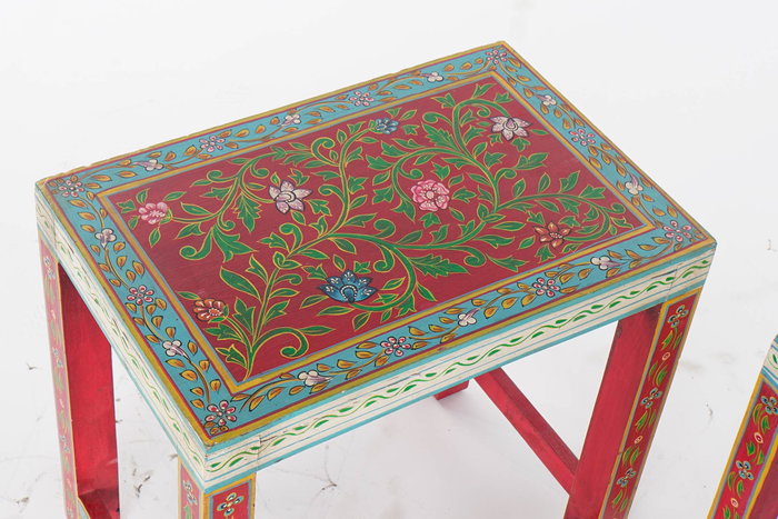 DKD Home Decor Rk 2021 Mesita Auxiliar Indio Natural Multicolor Mango Acrilico Pintado a Mano 30 x 45 x 45 cm Set de 2