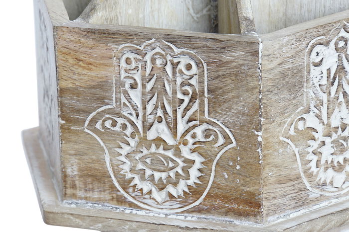DKD Home Decor Portamandos Giratorio Indio Hamsa Marrón de Madera de Mango Decapé 20x20x20 cm