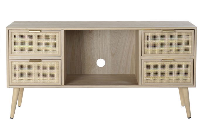 DKD Home Decor Mueble TV Scandi Rejilla Natural Dorado 120 x 60 x 42 cm