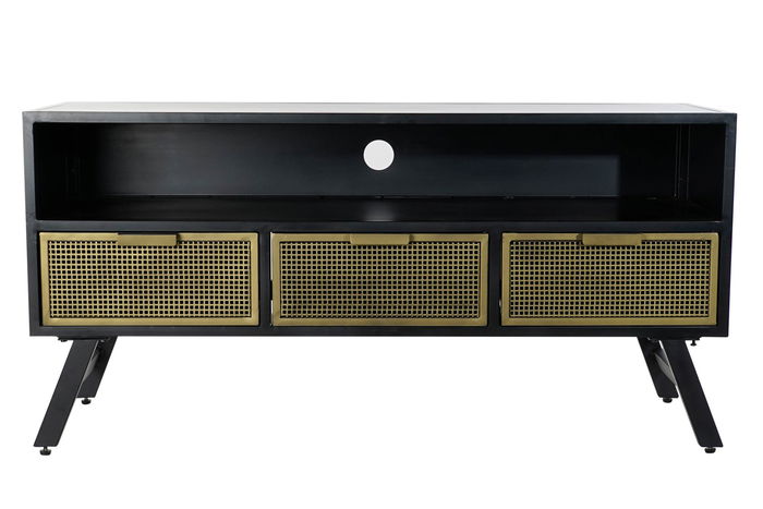 DKD Home Decor Mueble TV Vintage Rejilla negro Metal Negro Dorado 3 Cajones 125x41x62 cm