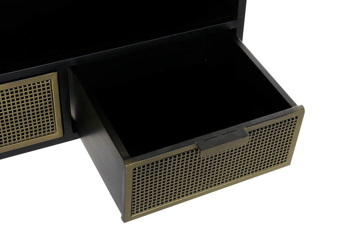 DKD Home Decor Mueble TV Vintage Rejilla negro Metal Negro Dorado 3 Cajones 125x41x62 cm