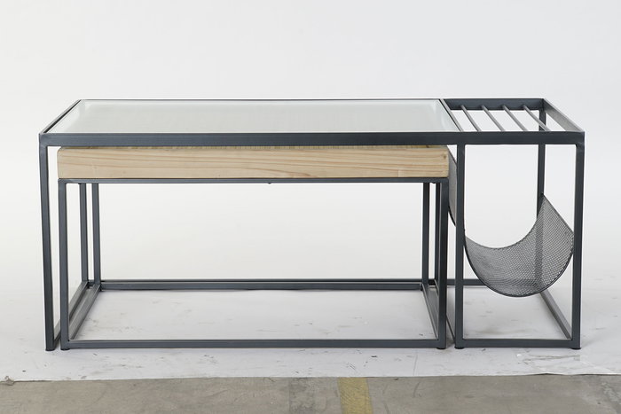 DKD Home Decor Mesa Centro Loft Natural Negro Metal Cristal Madera Bambú 60 x 45 x 110 cm Set de 2