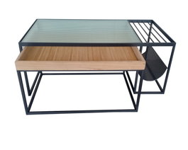 DKD Home Decor Mesa Centro Loft Natural Negro Metal Cristal Madera Bambú 60 x 45 x 110 cm Set de 2