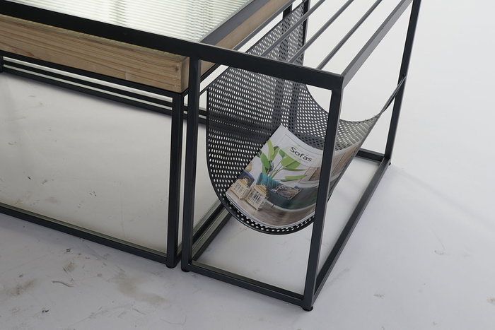 DKD Home Decor Mesa Centro Loft Natural Negro Metal Cristal Madera Bambú 60 x 45 x 110 cm Set de 2