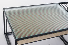 DKD Home Decor Mesa Centro Loft Natural Negro Metal Cristal Madera Bambú 60 x 45 x 110 cm Set de 2