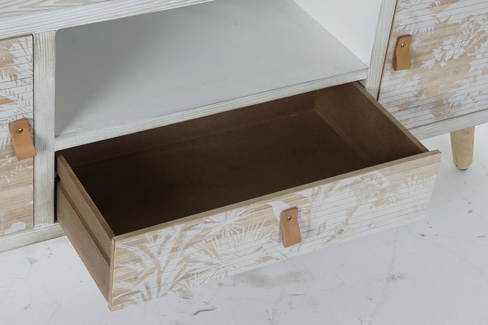 DKD Home Decor Mueble TV Tropical Decapé Madera y Bambú Blanco Colección Whitepalm con Palmeras 140x40x51 cm, 1 Cajón y 2 Puertas