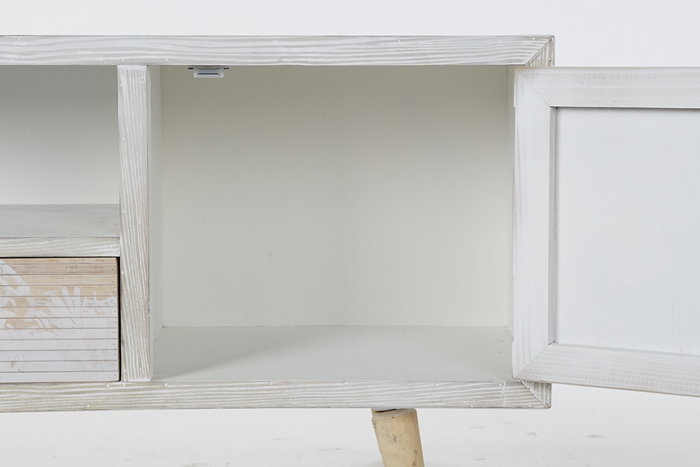 DKD Home Decor Mueble TV Tropical Decapé Madera y Bambú Blanco Colección Whitepalm con Palmeras 140x40x51 cm, 1 Cajón y 2 Puertas