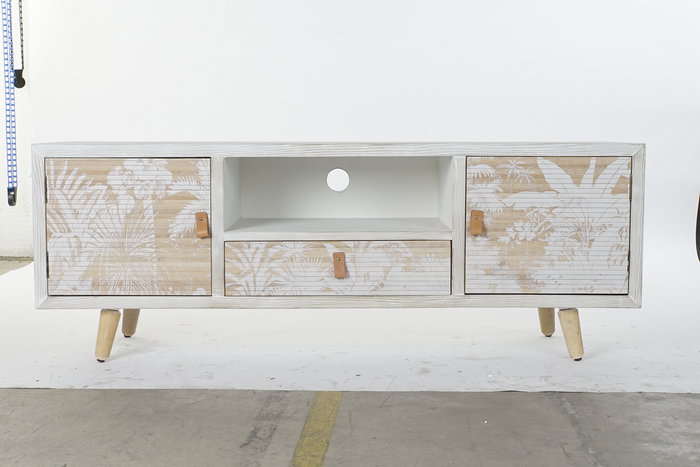 DKD Home Decor Mueble TV Tropical Decapé Madera y Bambú Blanco Colección Whitepalm con Palmeras 140x40x51 cm, 1 Cajón y 2 Puertas