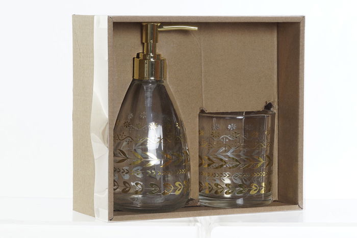 DKD Home Decor Baño Glam Set de 2 Piezas Dorado Cristal y ABS 9x18x9 cm Colección Aldea 21