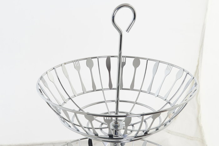 DKD Home Decor Frutero de Metal Cromado Plateado de 2 Niveles con Colección Cubiertos 21