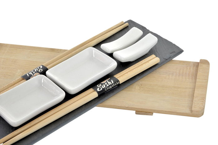 DKD Home Decor Set de 9 Piezas Bambu Pizarra Negro Natural Marron Sushi Oriental 10 x 3.5 x 30 cm