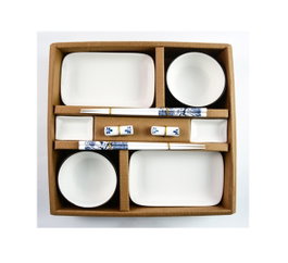 DKD Home Decor Set de 10 Cuencos de Sushi en Porcelana y Bambú, Blanco y Azul Marino, 34.5 x 9 x 33.5 cm