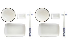 DKD Home Decor Set de 10 Cuencos de Sushi en Porcelana y Bambú, Blanco y Azul Marino, 34.5 x 9 x 33.5 cm