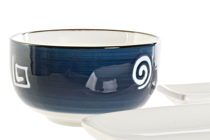 DKD Home Decor Set de 10 Cuencos de Sushi en Porcelana y Bambú, Blanco y Azul Marino, 34.5 x 9 x 33.5 cm