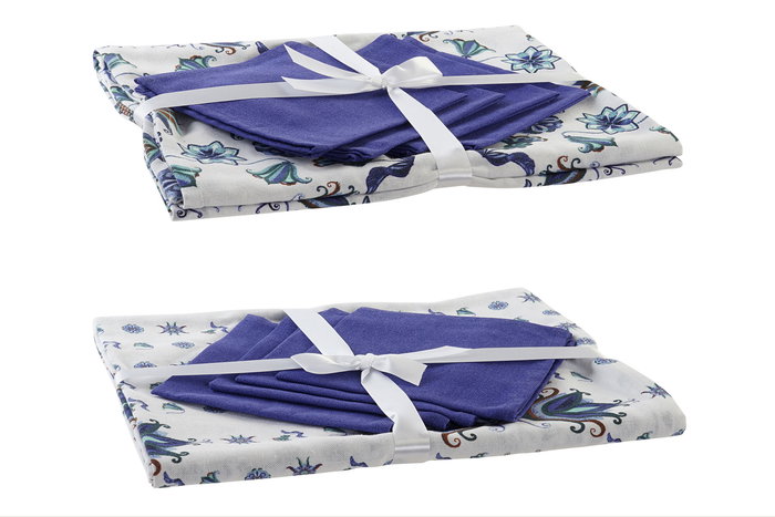 DKD Home Decor Mantel Tradicional Azul Blanco Set de 5 Unidades 150 x 150 cm