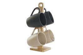 DKD Home Decor Set de 4 Tazas Lianfeng 21 Scandi Beige Gris Oscuro Gres Rubberwood 19 x 13 x 31 cm