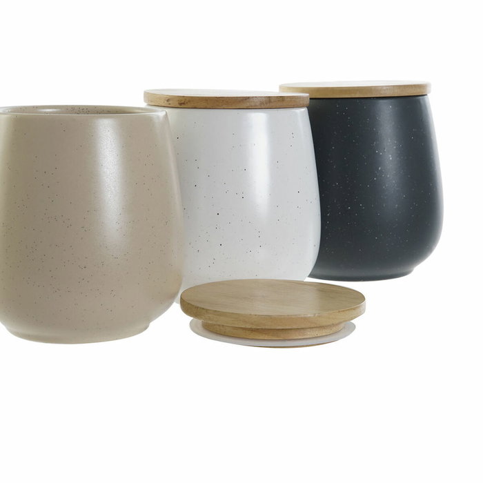 DKD Home Decor Surtido de 3 Botes de Gres y Rubberwood 10x10x13 cm