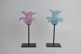 DKD Home Decor Portavelas Rosa Azul Cristal Metal 12 x 12 x 24 cm (2 Unidades)