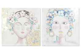 DKD Home Decor Set de 2 Cuadros Lienzo sobre Pino 100x100 cm Mujer