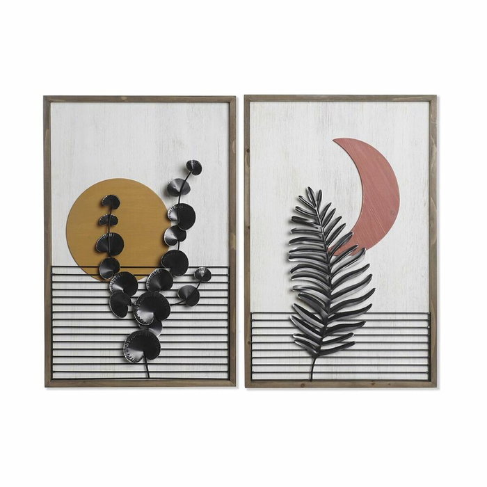 DKD Home Decor Cuadro MDF y Metal Hojas Luna 3D Set de 2