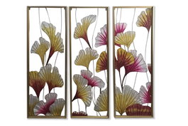 DKD Home Decor Decoracion Pared Tropical Set 3 Piezas Amarillo Rosa Metal Cristal Hojas 122 x 122 x 3 cm