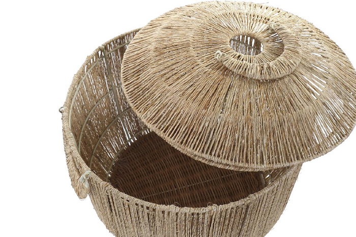 DKD Home Decor Set de 2 Cestas de Yute y Metal con Tapa, 51x51x48 cm, Marrón Natural