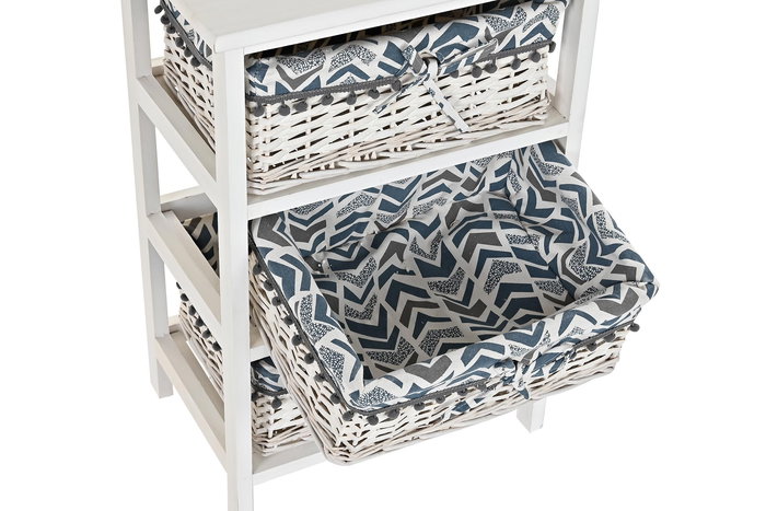 DKD Home Decor Cajonera de 3 Cajones de Madera Paulownia y Mimbre Blanca y Azul 40x29x59 cm