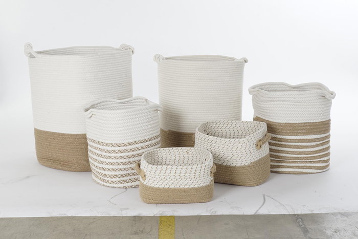 DKD Home Decor Cesta Boho Algodón Yute Blanco Marrón 45 x 54 x 45 cm Set 6 Piezas