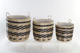 DKD Home Decor Cesta Colonial Natural Negro Fibra Poliester Set de 3 Piezas 38 x 36 x 38 cm