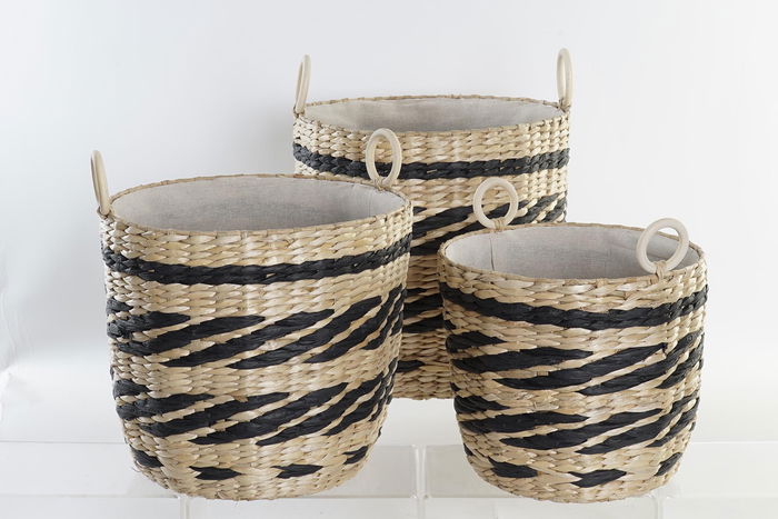 DKD Home Decor Cesta Colonial Natural Negro Fibra Poliester Set de 3 Piezas 38 x 36 x 38 cm