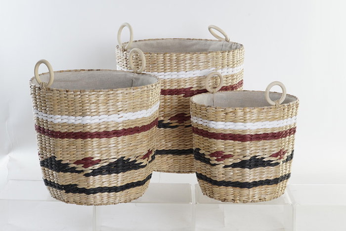 DKD Home Decor Cesta Colonial Natural Granate y Negro Blanco Fibra Poliester Set de 3 Piezas 38 x 36 x 38 cm