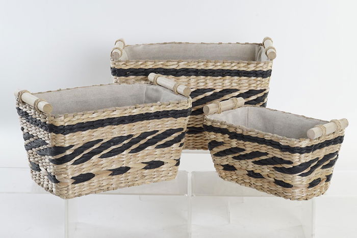 DKD Home Decor Cesta Colonial Set de 3 Fibra Poliester Natural Gris Oscuro 26 x 24 x 38 cm